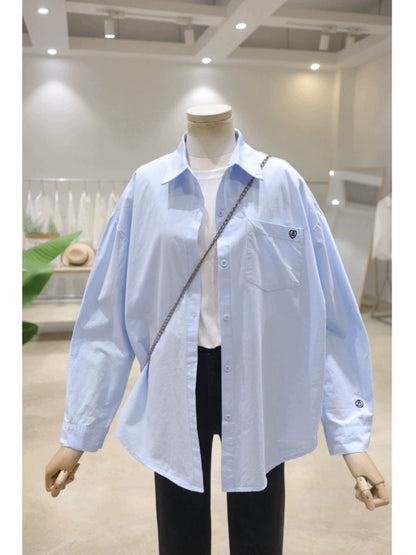 Pocket small smiley face love embroidery 2024 spring new loose slim cotton long-sleeved shirt women's casual shirt