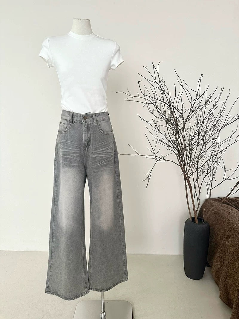 Dolaimei Retro High Street Washed Light-Colored Jeans Women Spring and Autumn Style High Waist Loose Wide Leg Straight Long Pants