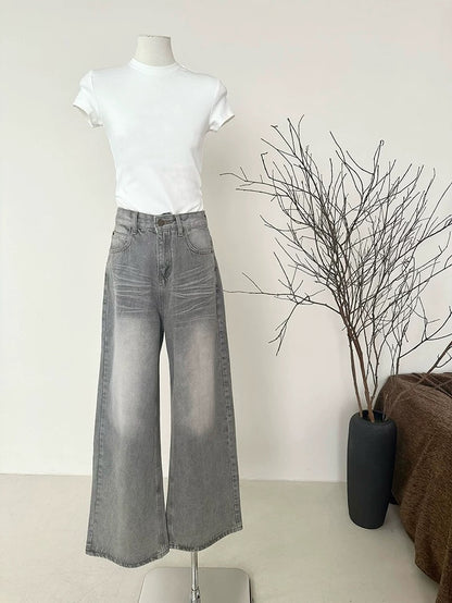 Dolaimei Retro High Street Washed Light-Colored Jeans Women Spring and Autumn Style High Waist Loose Wide Leg Straight Long Pants