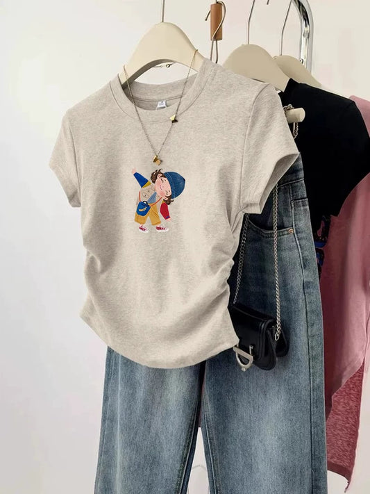 Gray right shoulder girls short-sleeved T-shirt for women summer 2024 new popular design niche short slim top
