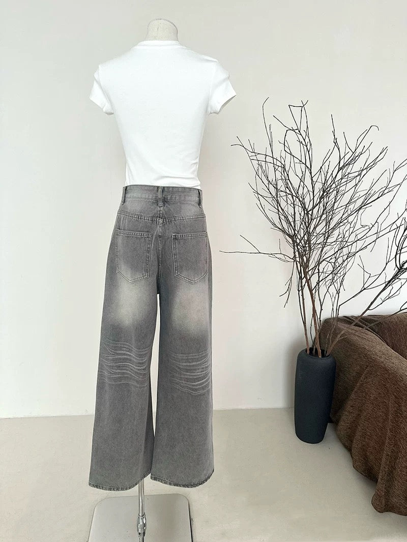 Dolaimei Retro High Street Washed Light-Colored Jeans Women Spring and Autumn Style High Waist Loose Wide Leg Straight Long Pants