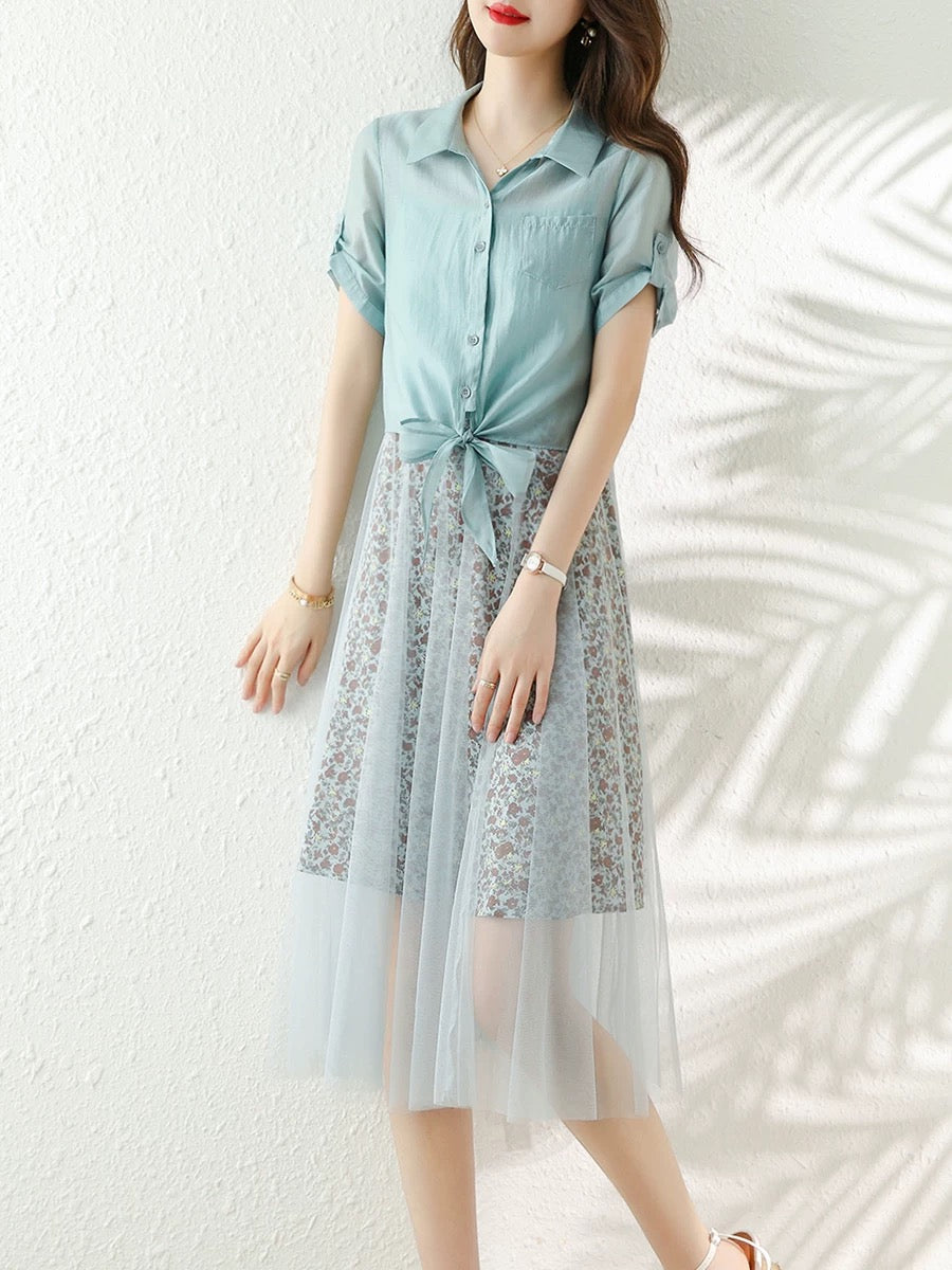 2025 new mesh stitching high-end stylish suspender skirt two-piece floral chiffon dress women's suit summer