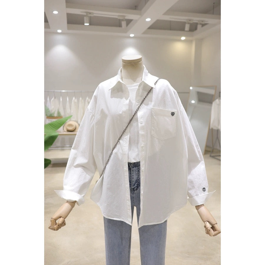 Pocket small smiley face love embroidery 2024 spring new loose slim cotton long-sleeved shirt women's casual shirt