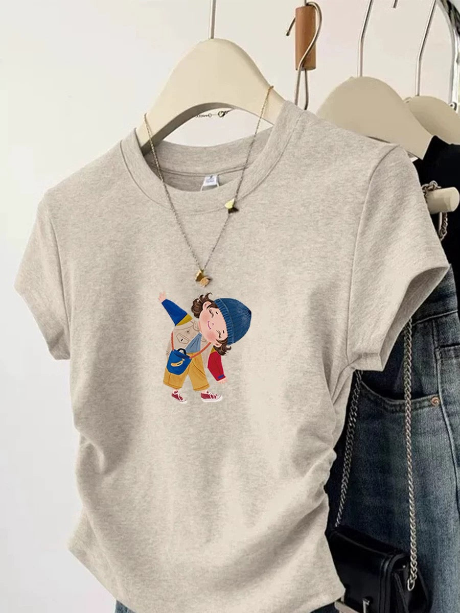 Gray right shoulder girls short-sleeved T-shirt for women summer 2024 new popular design niche short slim top