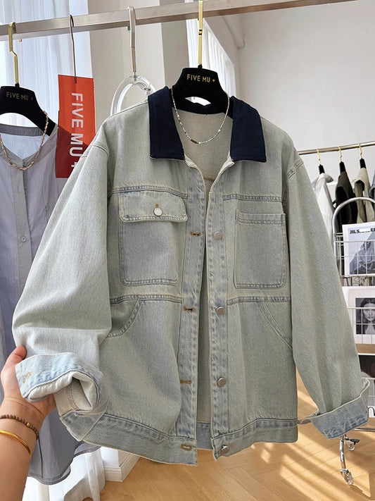 High-end retro distressed contrast barn-style lapel loose lazy Korean style denim jacket women's spring and autumn jacket