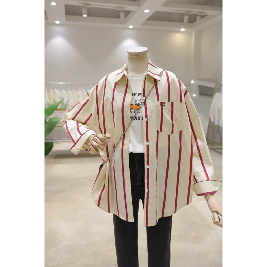 Korean Style Pocket Letter Embroidery 2024 Spring Clothes Loose and Slim Short Front Short Back Long Thick Striped Long Sleeve Shirt Women's Shirt
