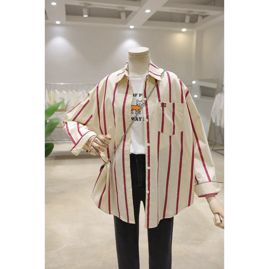 Korean Style Pocket Letter Embroidery 2024 Spring Clothes Loose and Slim Short Front Short Back Long Thick Striped Long Sleeve Shirt Women's Shirt