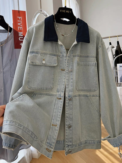 High-end retro distressed contrast barn-style lapel loose lazy Korean style denim jacket women's spring and autumn jacket