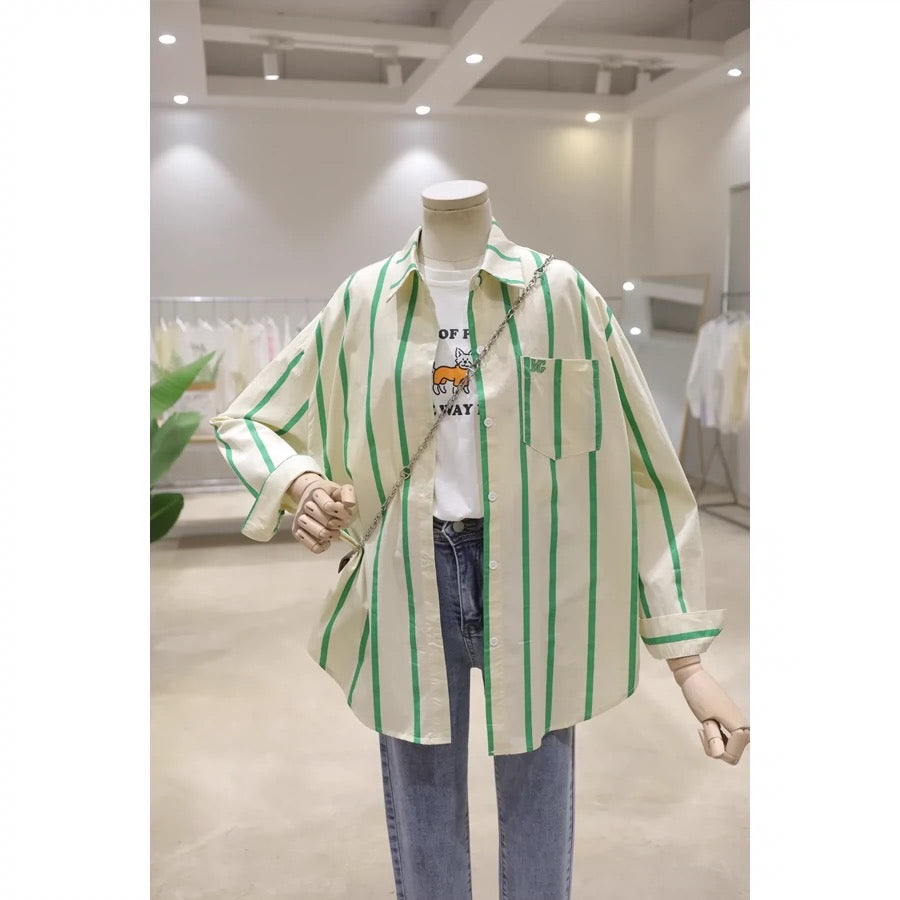 Korean Style Pocket Letter Embroidery 2024 Spring Clothes Loose and Slim Short Front Short Back Long Thick Striped Long Sleeve Shirt Women's Shirt