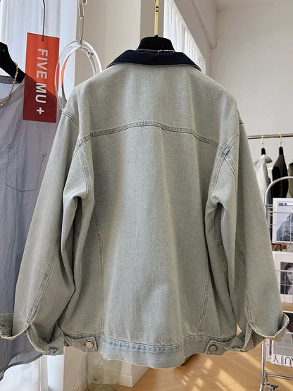 High-end retro distressed contrast barn-style lapel loose lazy Korean style denim jacket women's spring and autumn jacket