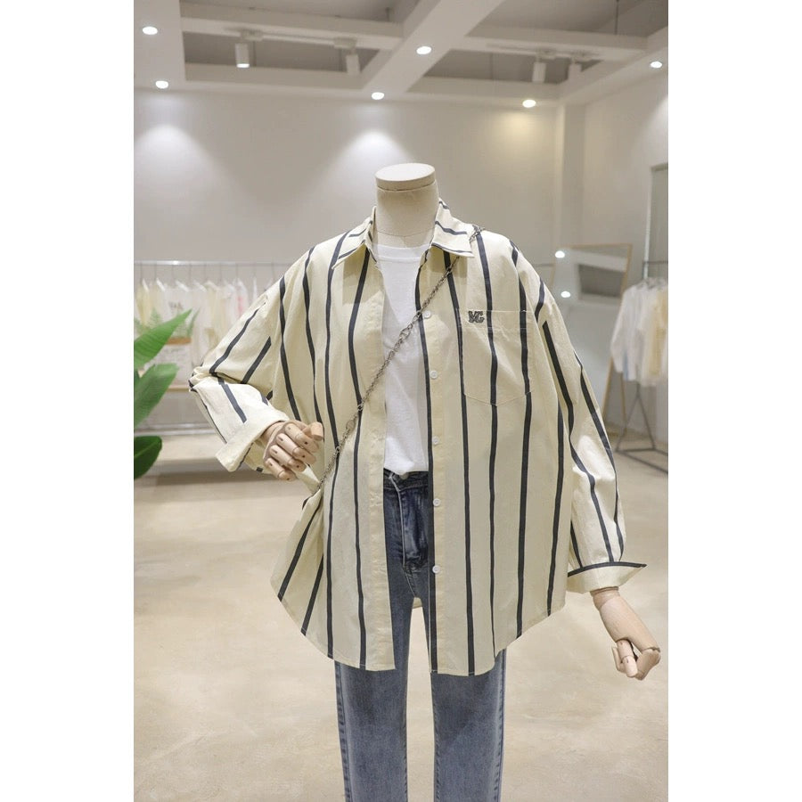 Korean Style Pocket Letter Embroidery 2024 Spring Clothes Loose and Slim Short Front Short Back Long Thick Striped Long Sleeve Shirt Women's Shirt