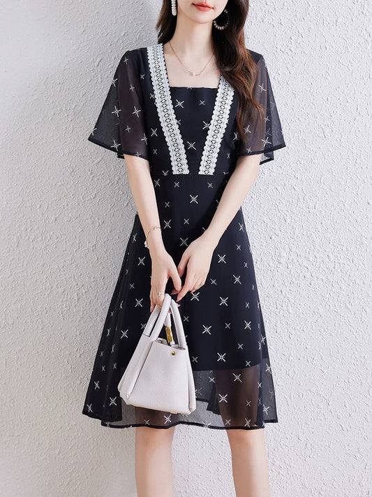 Black chiffon floral dress for women summer 2025 new square collar temperament slim petite a-line dress fairy