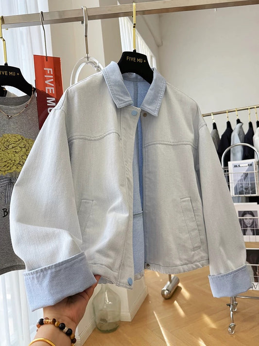 High-end and beautiful Korean-style casual denim jacket for women, unique and beautiful lapel jacket for spring travel
