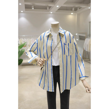 Korean Style Pocket Letter Embroidery 2024 Spring Clothes Loose and Slim Short Front Short Back Long Thick Striped Long Sleeve Shirt Women's Shirt