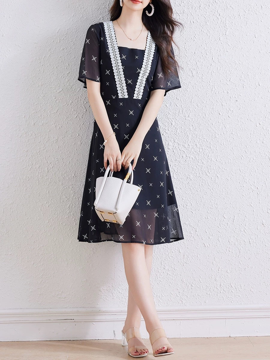 Black chiffon floral dress for women summer 2025 new square collar temperament slim petite a-line dress fairy