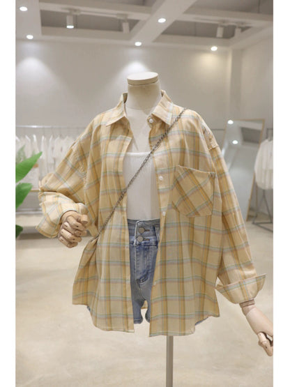 Comfortable and breathable 2024 new summer style versatile loose slim cotton thin long-sleeved plaid shirt for women