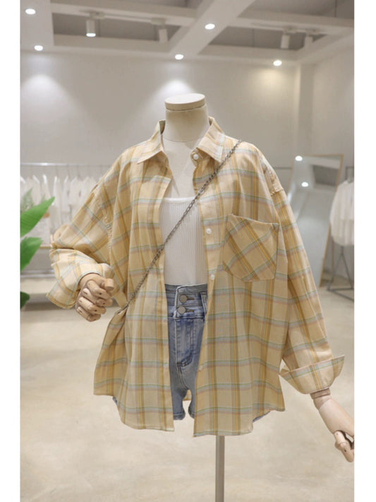 Comfortable and breathable 2024 new summer style versatile loose slim cotton thin long-sleeved plaid shirt for women