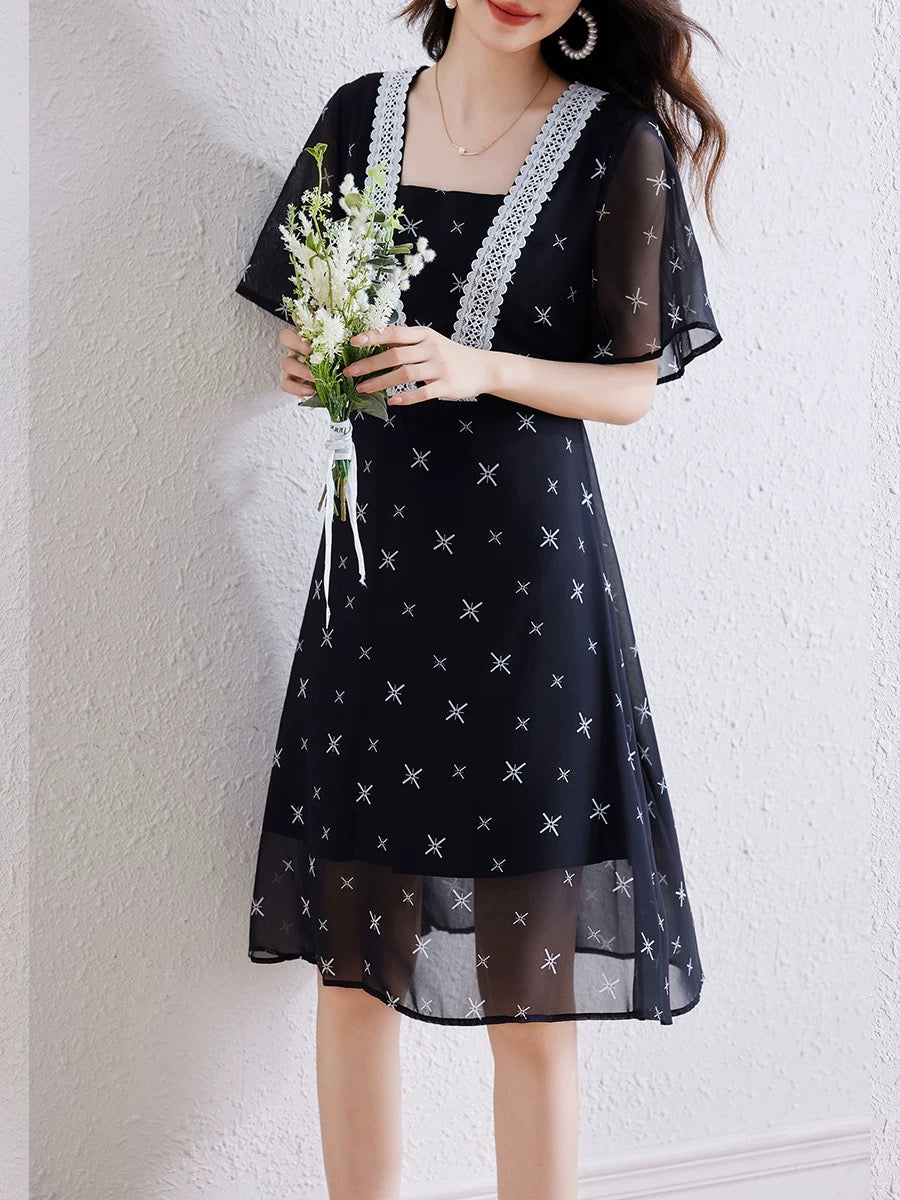 Black chiffon floral dress for women summer 2025 new square collar temperament slim petite a-line dress fairy