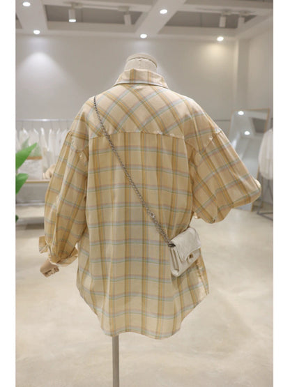 Comfortable and breathable 2024 new summer style versatile loose slim cotton thin long-sleeved plaid shirt for women