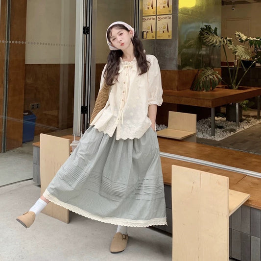 Slightly fat mm plus size women's retro style Japanese lace lace collar short-sleeved shirt women's summer loose top