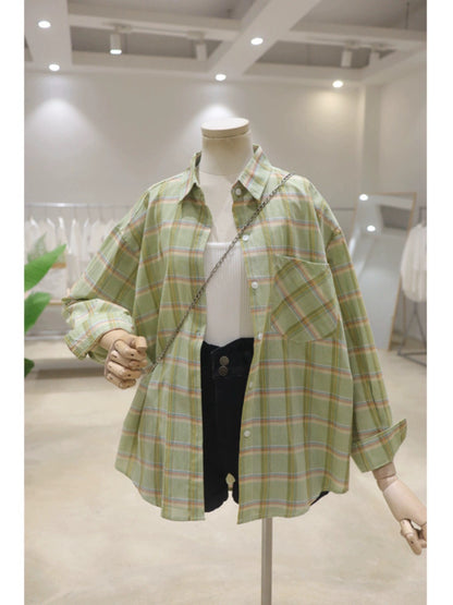 Comfortable and breathable 2024 new summer style versatile loose slim cotton thin long-sleeved plaid shirt for women