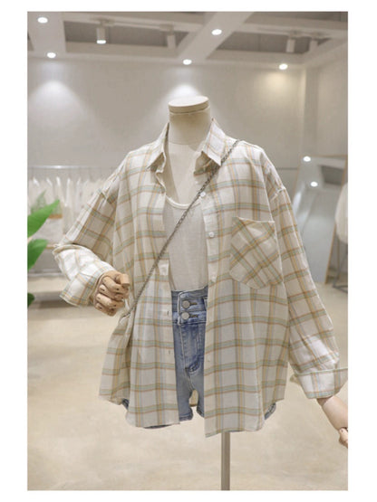 Comfortable and breathable 2024 new summer style versatile loose slim cotton thin long-sleeved plaid shirt for women