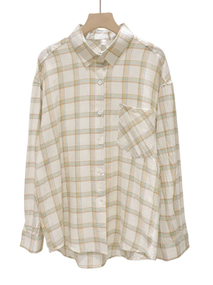 Comfortable and breathable 2024 new summer style versatile loose slim cotton thin long-sleeved plaid shirt for women