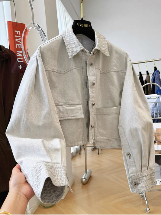 High-end unique lapel short denim jacket for women spring and autumn super good-looking casual small work jacket top