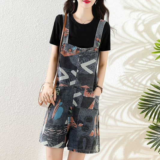Summer 2025 age-reducing and slimming T-shirt fashion two-piece suit European station print denim bib shorts suit for women