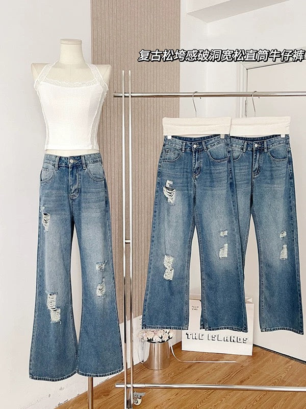 Duolaimei casual jeans for women summer retro loose ripped loose straight pants