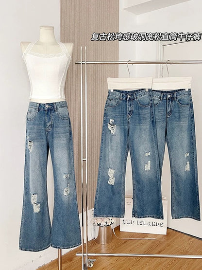 Duolaimei casual jeans for women summer retro loose ripped loose straight pants