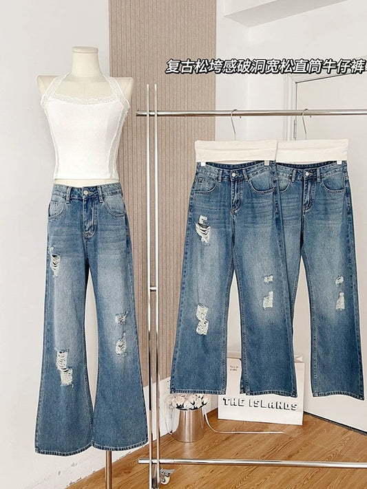Duolaimei casual jeans for women summer retro loose ripped loose straight pants