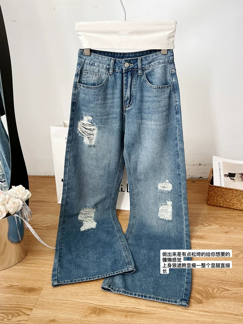 Duolaimei casual jeans for women summer retro loose ripped loose straight pants