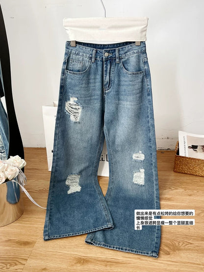 Duolaimei casual jeans for women summer retro loose ripped loose straight pants