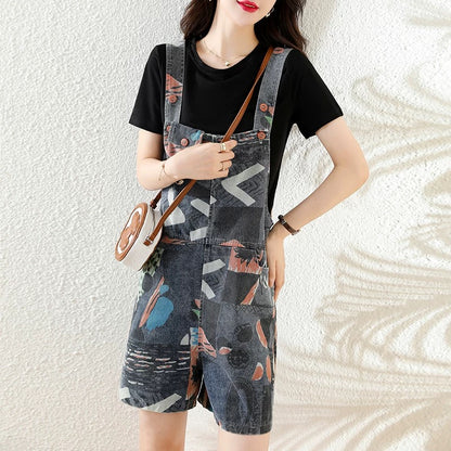 Summer 2025 age-reducing and slimming T-shirt fashion two-piece suit European station print denim bib shorts suit for women