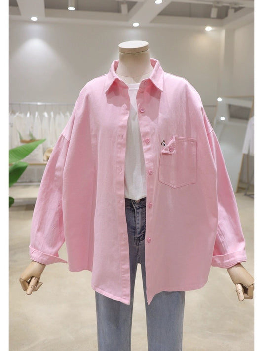 Korean Style Pocket Puppy Embroidery 2024 Spring Clothes Loose Slim Mid-Length Washed Cotton Denim Long Sleeve Shirt for Women