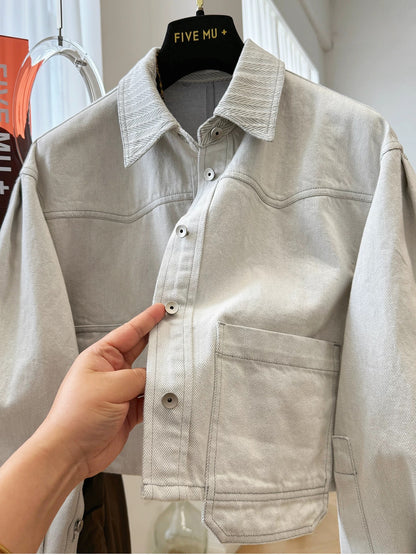 High-end unique lapel short denim jacket for women spring and autumn super good-looking casual small work jacket top