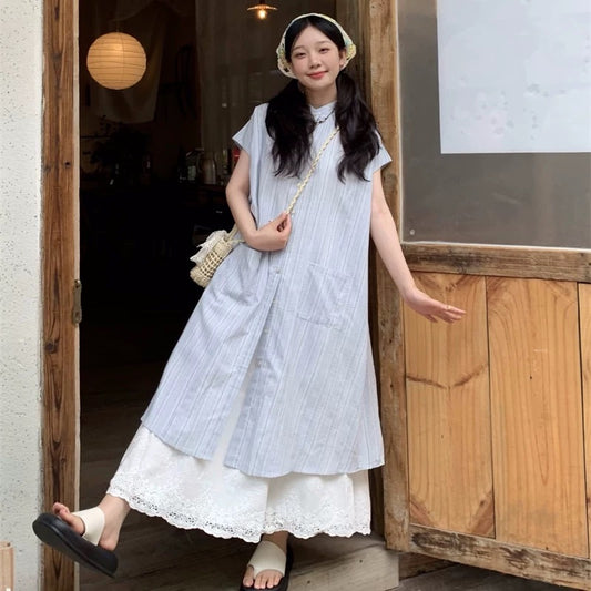 Slightly fat mm plus size women's Japanese layered two-piece blue striped shirt dress summer lace skirt