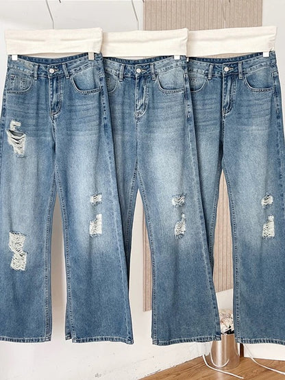 Duolaimei casual jeans for women summer retro loose ripped loose straight pants
