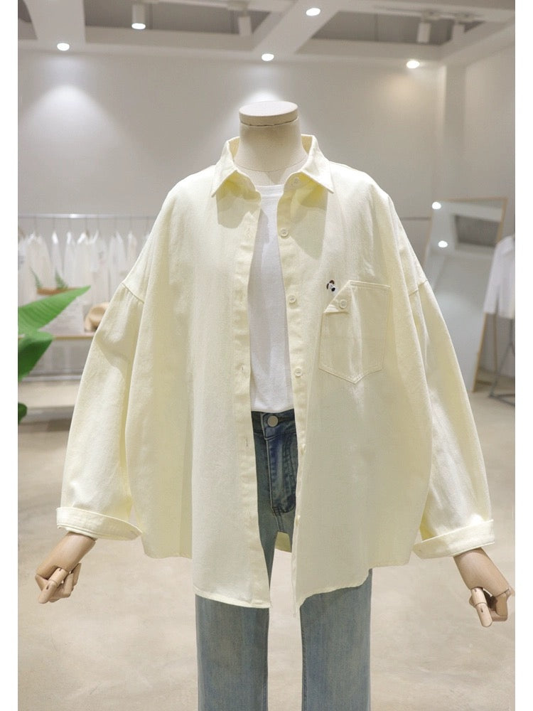 Korean Style Pocket Puppy Embroidery 2024 Spring Clothes Loose Slim Mid-Length Washed Cotton Denim Long Sleeve Shirt for Women
