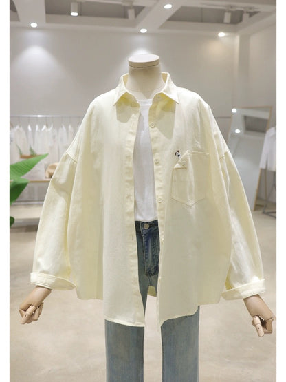 Korean Style Pocket Puppy Embroidery 2024 Spring Clothes Loose Slim Mid-Length Washed Cotton Denim Long Sleeve Shirt for Women