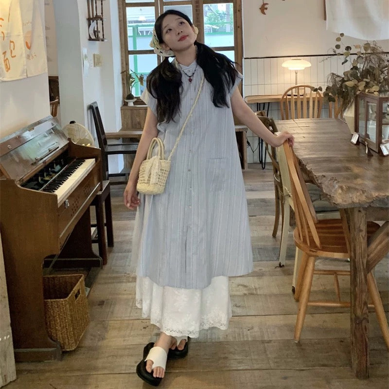 Slightly fat mm plus size women's Japanese layered two-piece blue striped shirt dress summer lace skirt