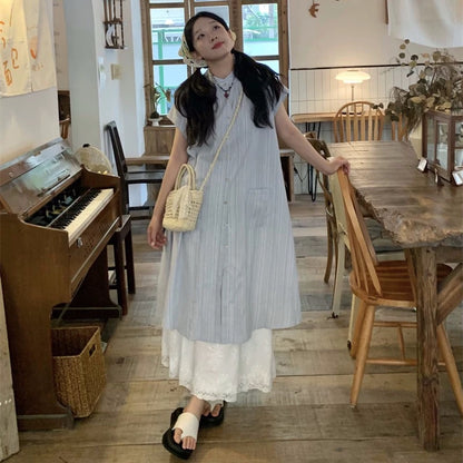 Slightly fat mm plus size women's Japanese layered two-piece blue striped shirt dress summer lace skirt