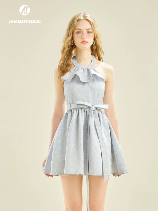 French design ruffled collar waist temperament love jacquard halter dress female summer sequined mini dress