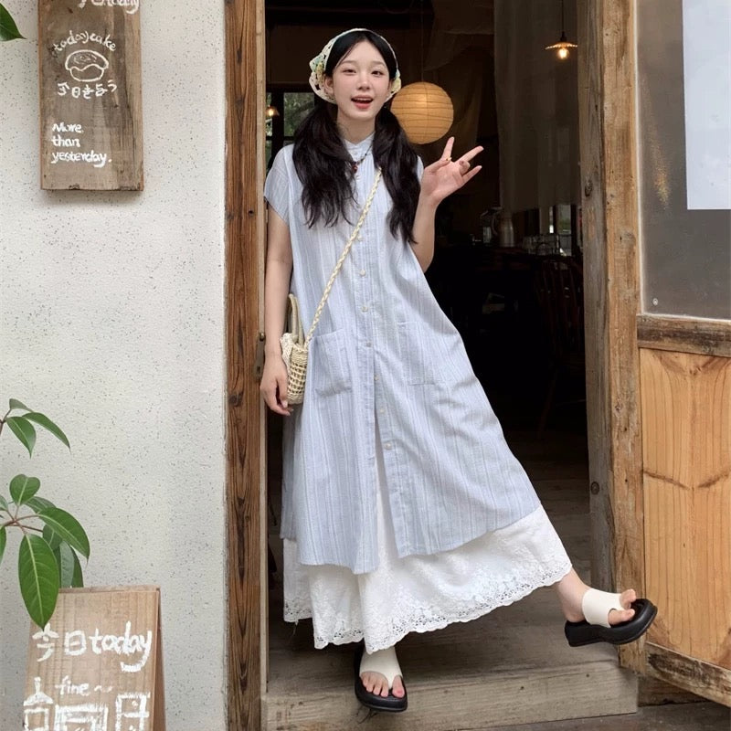 Slightly fat mm plus size women's Japanese layered two-piece blue striped shirt dress summer lace skirt