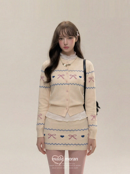 Fair Isle Retro Sweet and Spicy Knit Cardigan and Bodycon Mini Skirt Two-Piece Set for Women, Autumn and Winter Outfit for Petite Women
