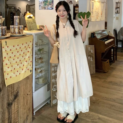 Slightly fat mm plus size women's Japanese layered two-piece blue striped shirt dress summer lace skirt