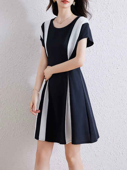 Chiffon dress women 2025 summer new black and white contrast stitching slim waist slim temperament a-line skirt