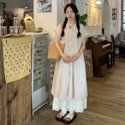 Slightly fat mm plus size women's Japanese layered two-piece blue striped shirt dress summer lace skirt