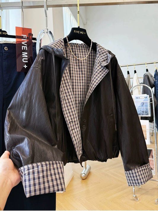 2025 super hot hooded leather jacket women's autumn loose casual Korean retro plaid splicing pu leather jacket trend